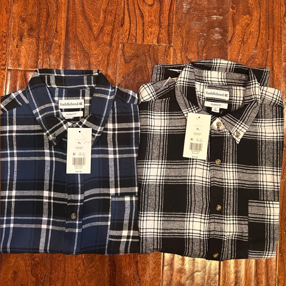 2-Men's casual Saddlebred Black/white and blue/black flannel button down NWT